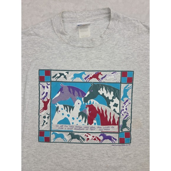 Jerzees Tops - Vtg 1997‎ Prairie Song Graphic T-Shirt Horse Native American Western Gray Size L